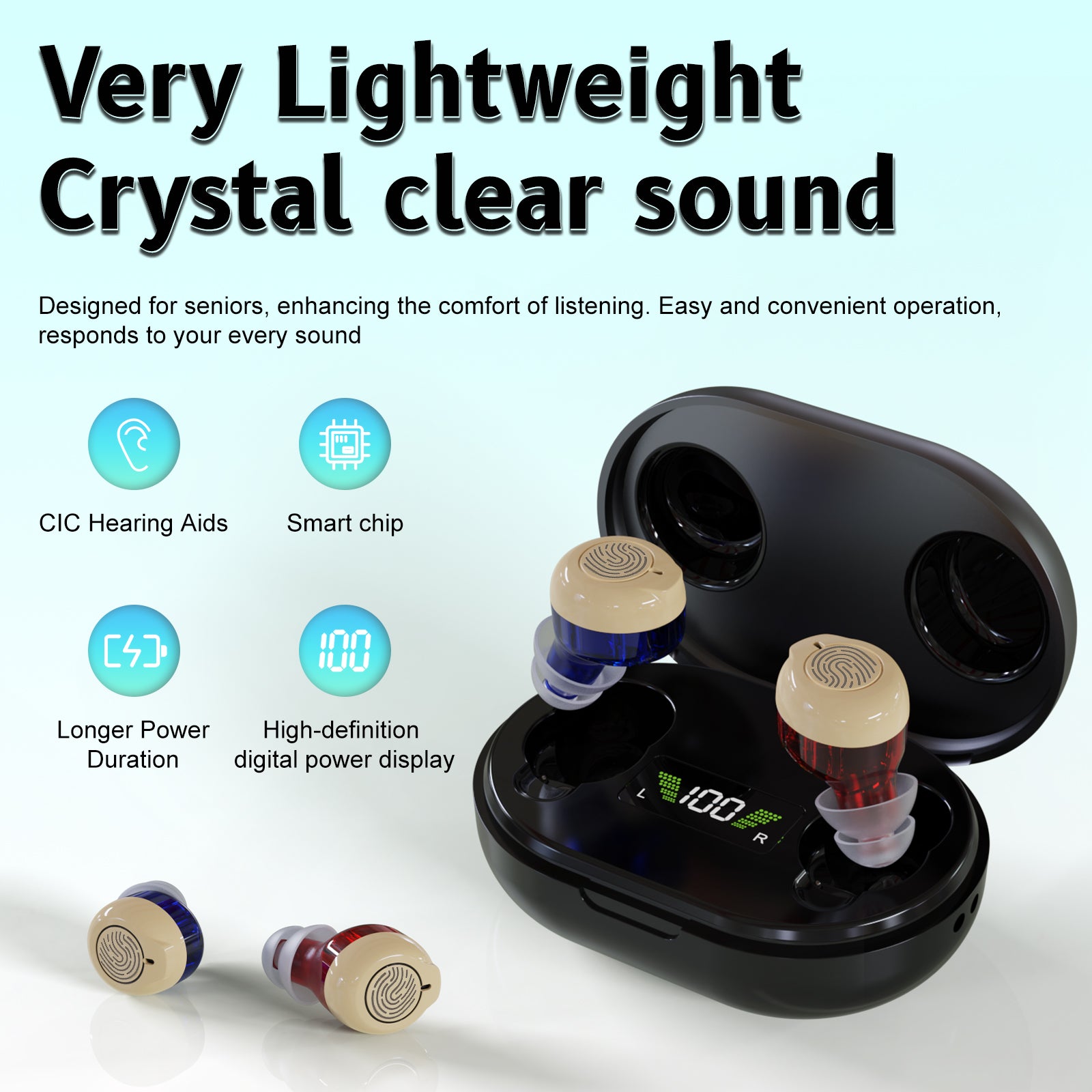 HearGood Clarity Touch – Wireless CIC Hearing Aids with Charging Case & Smart Display –